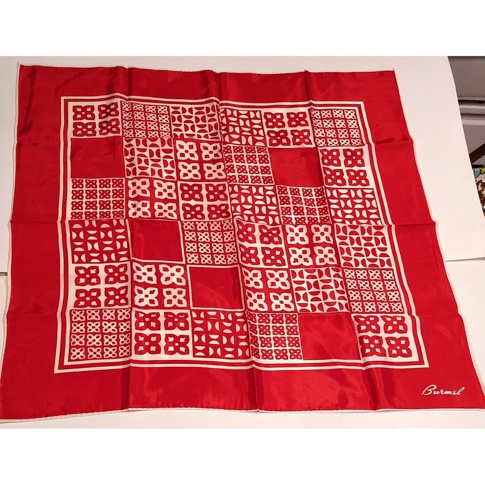 Vintage Burmel Red & White Geometric Print Scarf – Mid Century Mod – Signed
